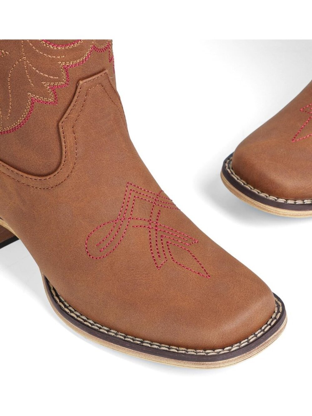 Women's Red Square Toe Mid Calf Embroidery Cowgirl Boots Low Chunky Heel Shoes - Picture 5 of 6